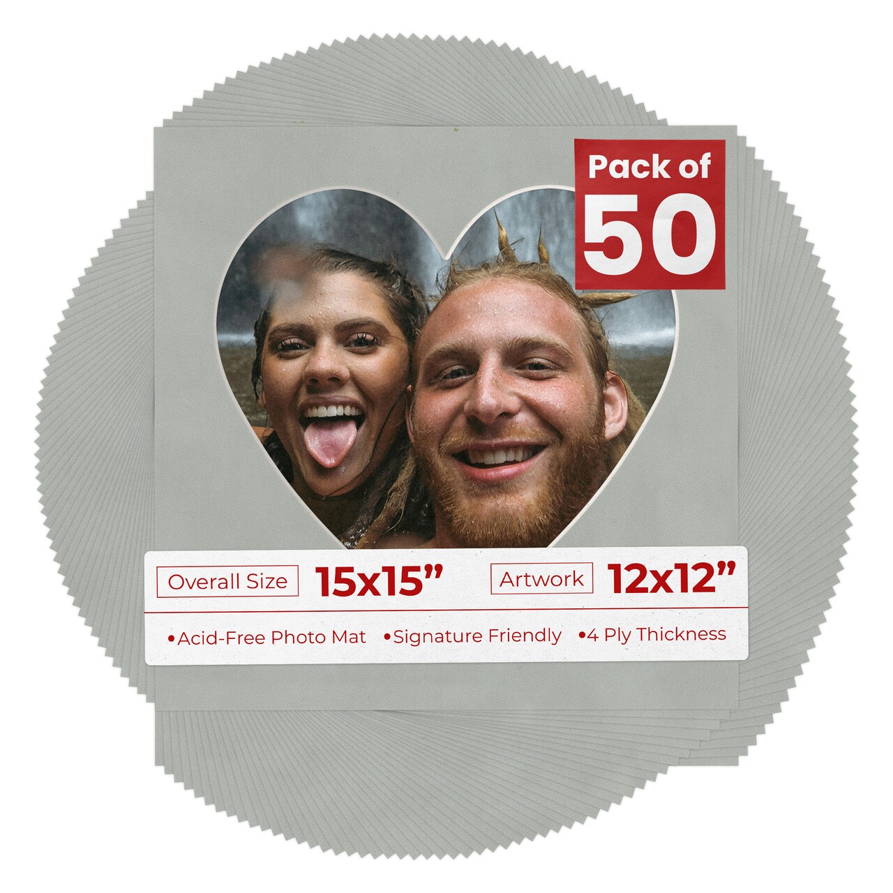 Light Grey Suede Mat Board for 15x15 Frames - Heart Opening for 12x12 Photos